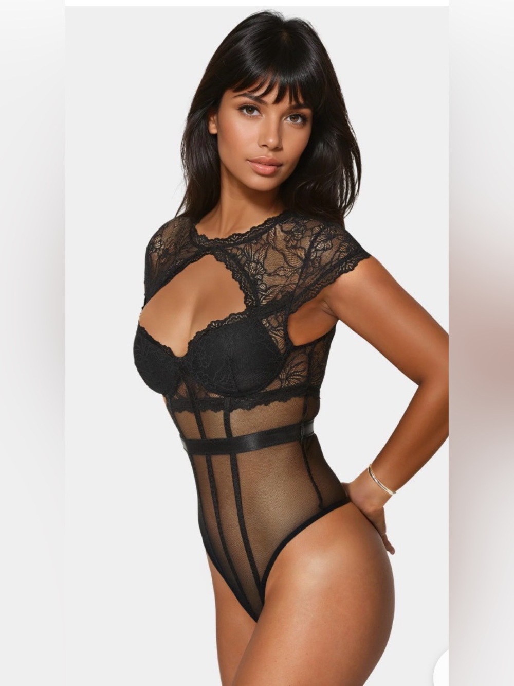 bebe Black Lace Mesh Underwire Bodysuit Keyhole Cutout S